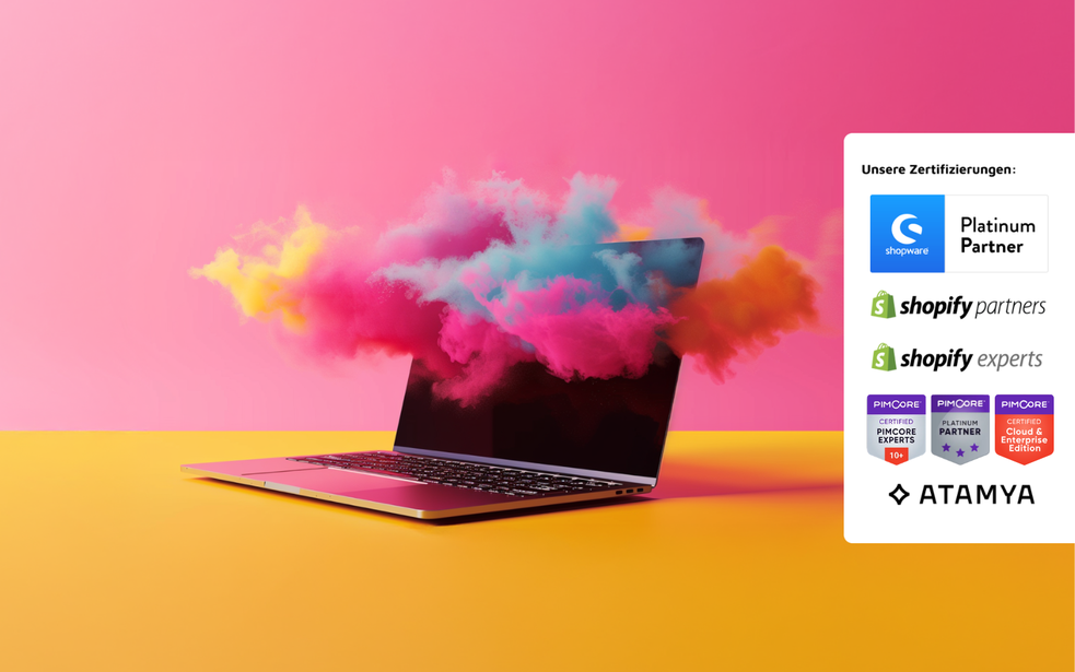 Ein Laptop verströmt bunte digitale Rauchwolken, rechts daneben sind Zertifikate führender Technologiepartner abgebildet – Symbol für das radikale digitale Wachstum, das eine E-Commerce & PIM Agentur durch zertifizierte Partnerschaften in Bereichen wie Shop-Systeme, PIM und Cloud-Technologien ermöglicht
