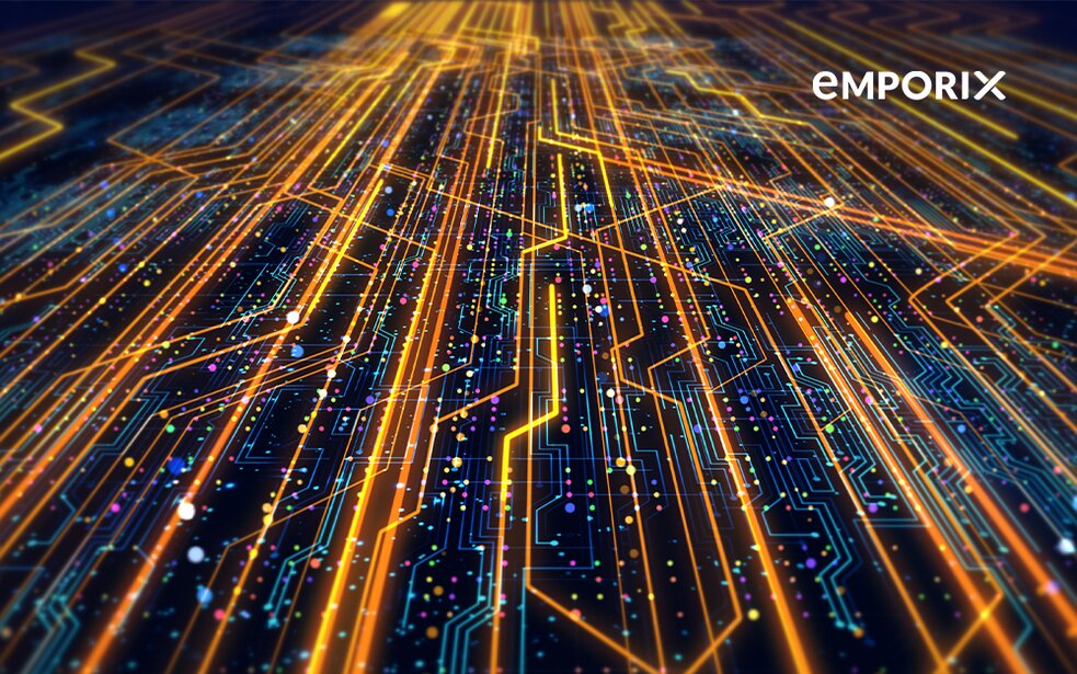 Visualisierung digitaler Datenströme mit Emporix Logo – moderne Headless Commerce Technologie für skalierbare E-Commerce Lösungen