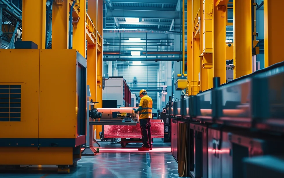 A man operates a machine in a modern production hall – symbolizing digital progress and increased efficiency in industrial mechanical engineering.