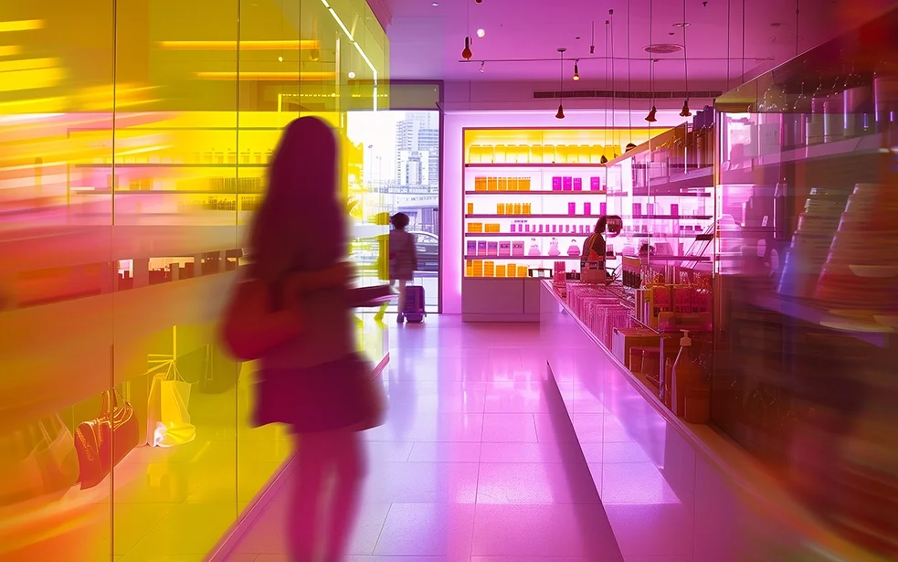 A woman stands in a retail store – symbolizing the digital transformation of retail and consumer goods towards connected customer experiences.
