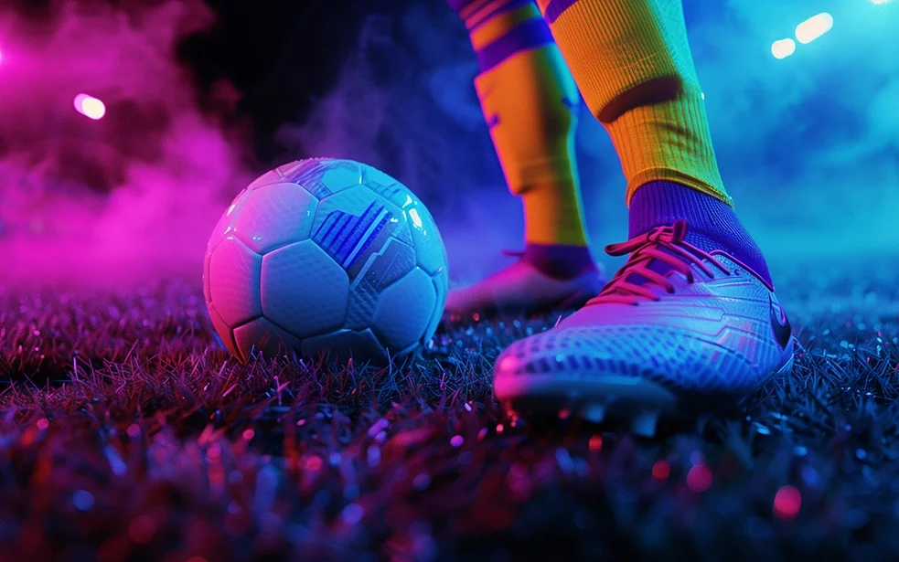 A foot touches a soccer ball – symbolizing the digital transformation of professional sports, from data analytics to fan engagement.