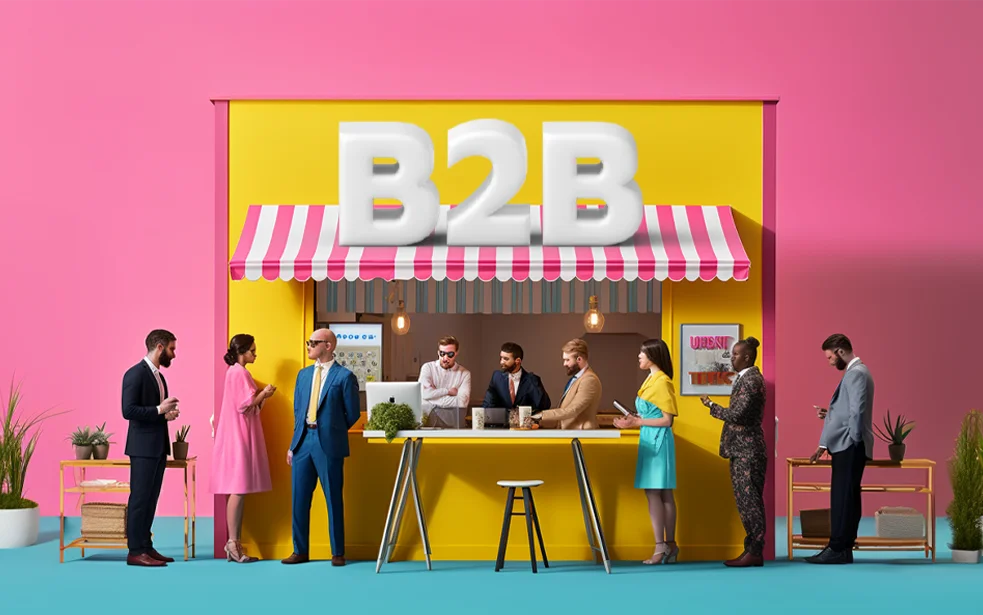 A retail booth with several people and the headline ‘B2B’ – symbolizing the digital transformation and optimization of B2B platforms with the right technology and NETFORMIC’s industry-specific expertise