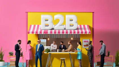 A retail booth with several people and the headline ‘B2B’ – symbolizing the digital transformation and optimization of B2B platforms with the right technology and NETFORMIC’s industry-specific expertise