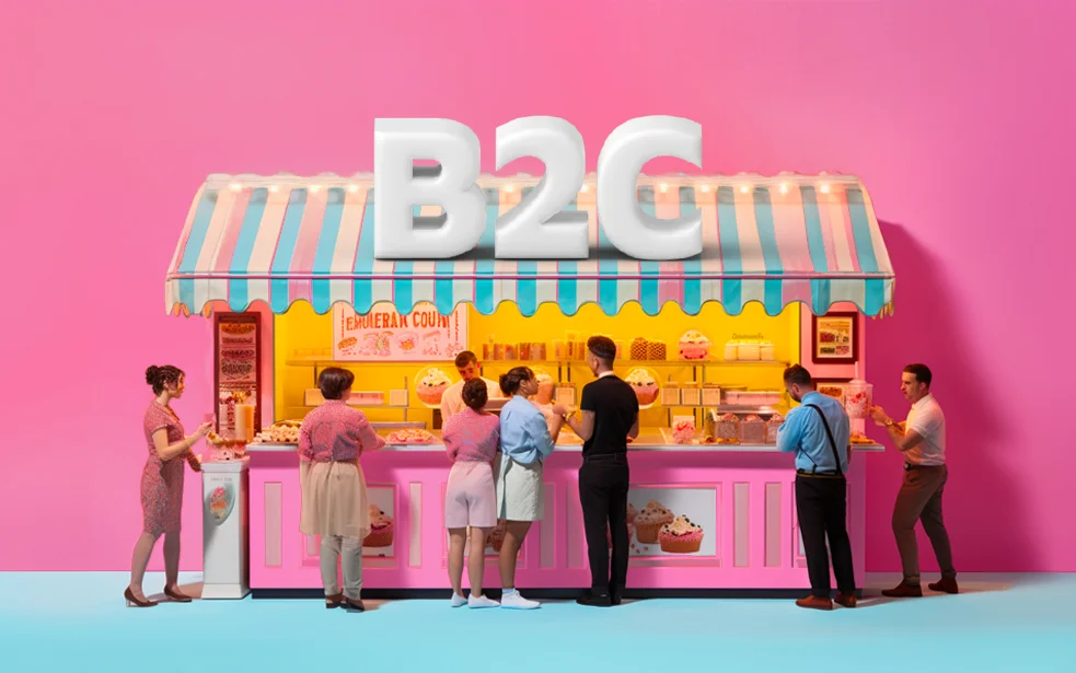 A busy retail booth with people and the headline ‘B2C’ – symbolizing NETFORMIC’s tailored B2C and D2C commerce strategies, including go-to-market execution, agile MVPs, and complex system integrations