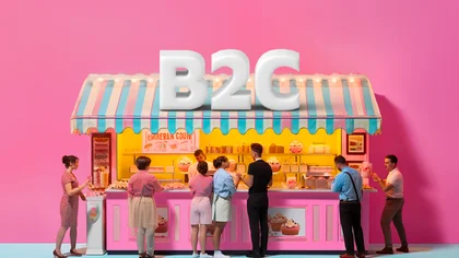 A busy retail booth with people and the headline ‘B2C’ – symbolizing NETFORMIC’s tailored B2C and D2C commerce strategies, including go-to-market execution, agile MVPs, and complex system integrations