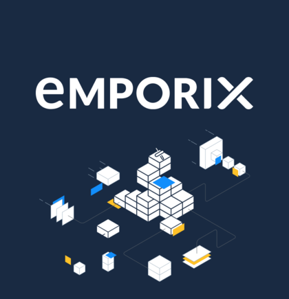 Das Emporix-Logo im Hintergrund, ergänzt durch modulare Bausteine – Symbol für den Einsatz von Emporix im Commerce als cloud-native Plattform für composable, API-first und skalierbare Commerce-Lösungen