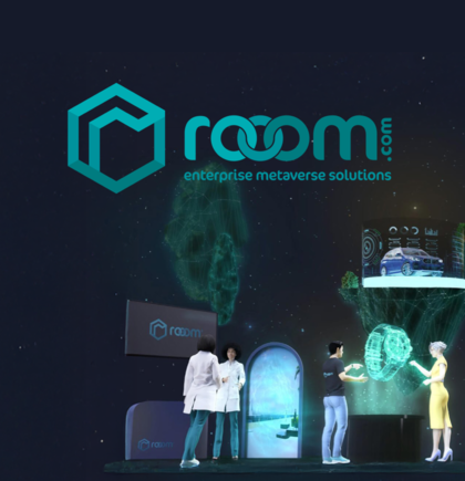 Das rooom-Logo vor einem futuristischen Hintergrund – Symbol für den Einsatz von Virtual Reality und künstlicher Intelligenz im Commerce, um immersive Markenerlebnisse, interaktive Produktpräsentationen und digitale Showrooms zu schaffen