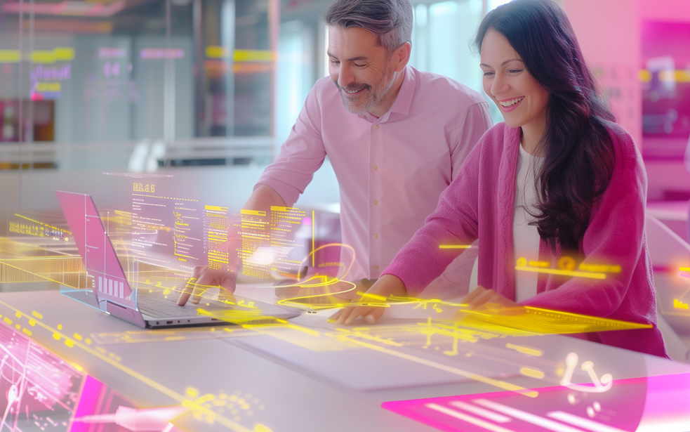Eine Frau und ein Mann sitzen gemeinsam vor einem Laptop, umgeben von digitalen Datenströmen – Symbol für den Einsatz von Daten und Künstlicher Intelligenz zur Optimierung von E-Commerce-Prozessen