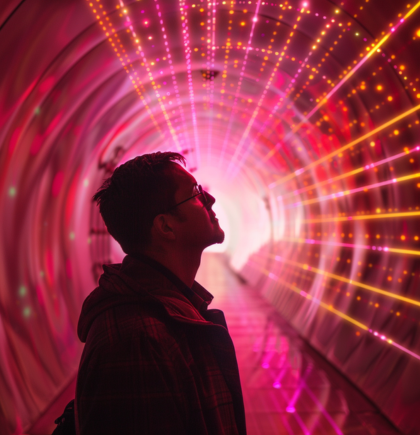 Person steht in einer Art Licht-Tunnel, der Datenströme symbolisieren soll 