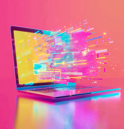 Ein aufgeklappter Laptop, aus dessen Bildschirm digitale Datenströme fließen – Symbol für den skalierbaren E-Commerce-Technologie-Stack von NETFORMIC mit Shopsystemen, PIM, DAM, CRM, ERP, Suchtechnologien, AR, VR, Zahlungssystemen, CMS sowie Cloud- und Hosting-Lösungen