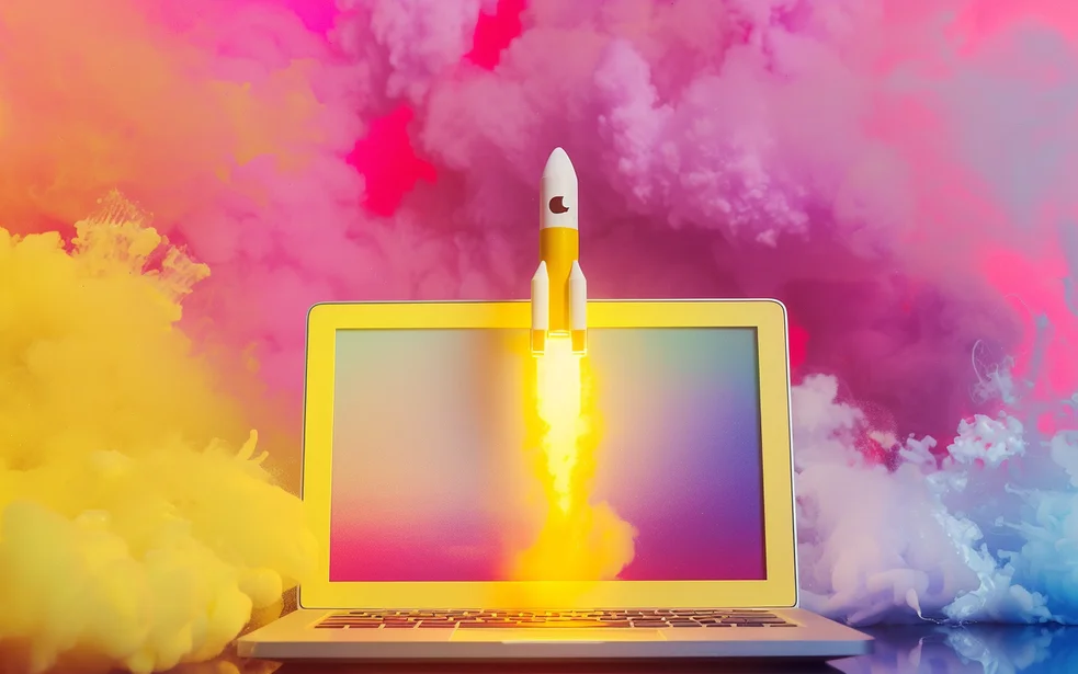 Ein aufgeklappter Laptop, aus dem Rauchwolken aufsteigen und eine Rakete startet – Symbol für zukunftsorientierte Wachstumsstrategien im E-Commerce, die auf Technologie, Skalierbarkeit und Performance setzen.