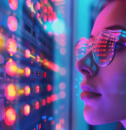 Eine Frau blickt in Richtung digitaler Elemente – Sinnbild für die aktuellen Herausforderungen im B2B Commerce, insbesondere rund um Direktvertrieb, Effizienzsteigerung im Vertrieb und die digitale Transformation komplexer Geschäftsmodelle