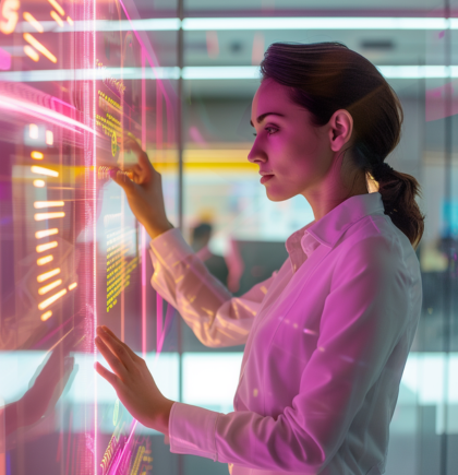 Frau blickt zufrieden auf digitalen Bezahlprozess – Payment und Checkout Integration für bessere Customer Experience