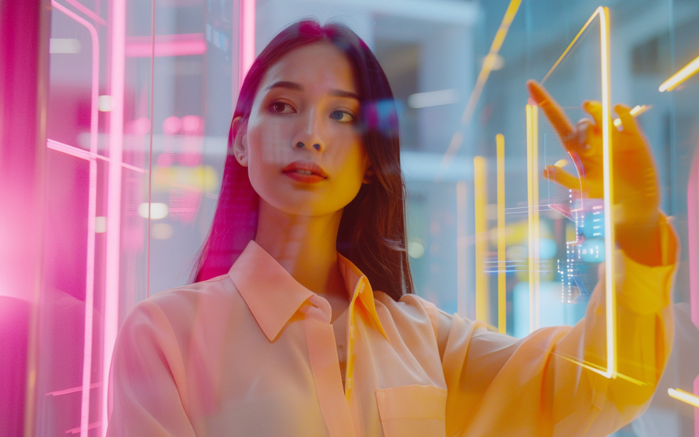 Eine Frau steht symbolisch zwischen zwei digitalen Welten – Darstellung für integrierte D2C- und B2B-Commerce-Lösungen mit Fokus auf Direktvertrieb, b2b commerce und zukunftsfähige E-Commerce-Architekturen.
