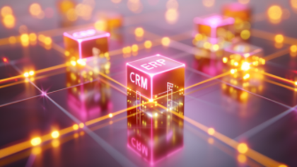Ein futuristisches Motiv mit digitalen Verbindungen, Symbolen für Salesforce und HubSpot – Darstellung einer modernen Systemlandschaft mit nahtloser ERP- und CRM-Anbindung für automatisierte Prozesse, zentrale Kundendaten und vernetzte E-Commerce-Strukturen.