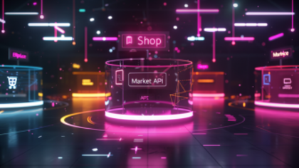 Ein futuristisches Bild mit vernetzten Knotenpunkten, Waren-Icons und digitalen Schnittstellen – Symbol für die Lösung digitaler Marktplätze im E-Commerce, die Händler, Marken und Kunden auf einer zentralen Plattform zusammenbringen.