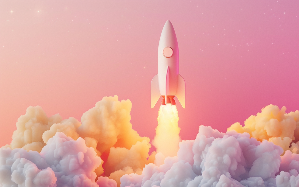 Rakete auf pinkem Hintergrund, die mit buntem Rauch startet