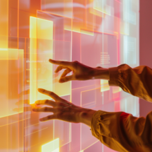 zwei ausgestreckte Arme und Hände die auf einem großen Screen sich bewegen