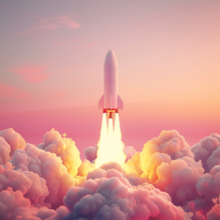 weiße Rakete vor rosafarbenem Hintergrund mit Wolken, die mit feuerndem Raketenantrieb nach oben abhebt