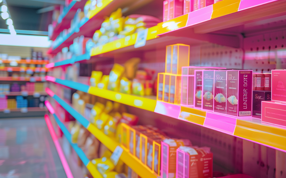 Shop-Regal mit vielen einsortierten Produkten