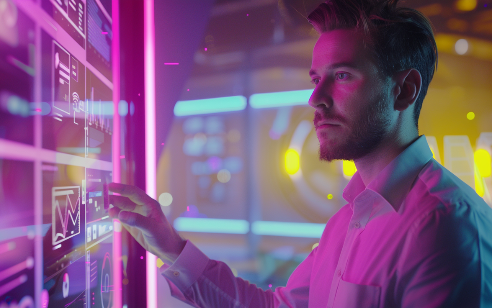E-Commerce Optimierung für mehr Conversion, bessere UX & maximale Performance Ein Mann analysiert digitale Screens und Datenvisualisierungen – Symbolbild für gezielte E-Commerce Optimierung durch Conversion Rate Analyse, UX-Verbesserung und Shop-Performance-Steigerung