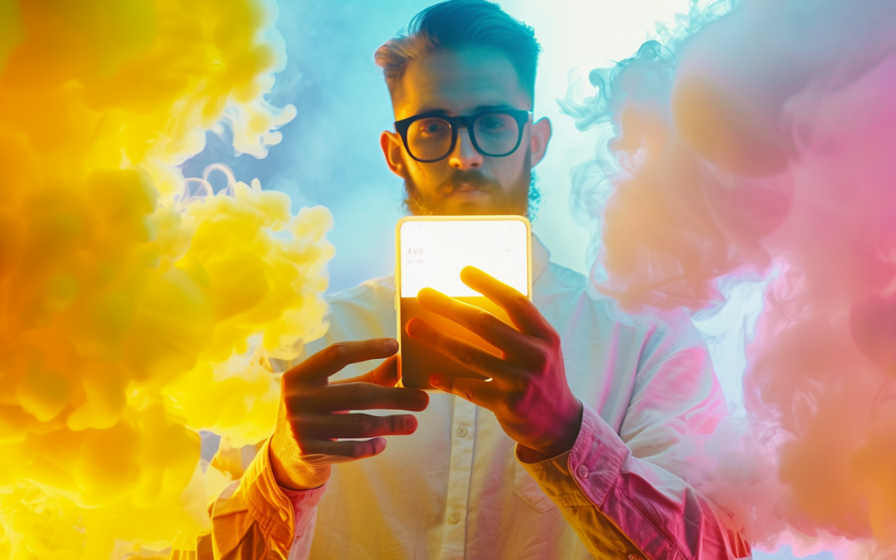 Person vor bunten Wolken mit Smart-Device in der Hand, das leuchtet