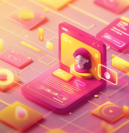 Isometrische 3D-Illustration einer digitalen Benutzeroberfläche auf einem pink-gelben Laptop mit stilisierter weiblicher Avatarfigur. Umgeben von schwebenden Interface-Elementen symbolisiert das Bild User Experience Design und digitale Interaktion.