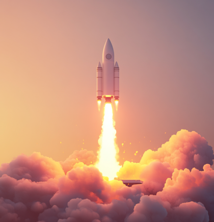 Rakete vor buntem Hintergrund, die ins All startet