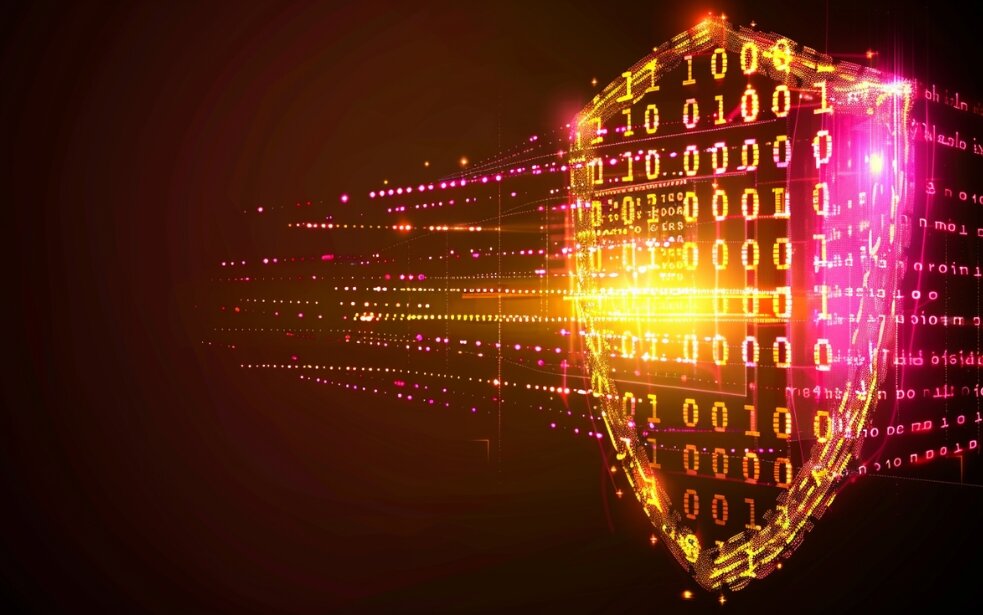 Digitales Schutzschild mit leuchtenden Binärcode-Zeichen in Gelb und Pink auf dunklem Hintergrund. Symbolisiert Cybersicherheit, Datenschutz und Schutz digitaler Informationen vor Bedrohungen.