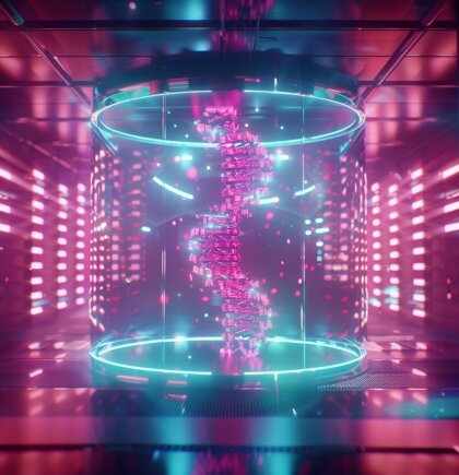 Futuristische 3D-Darstellung einer rotierenden DNA-Helix in einem transparenten Zylinder, beleuchtet mit pinken und türkisen Lichteffekten. Symbolisiert Datensicherheit, Biometrie und Hightech-Systeme.