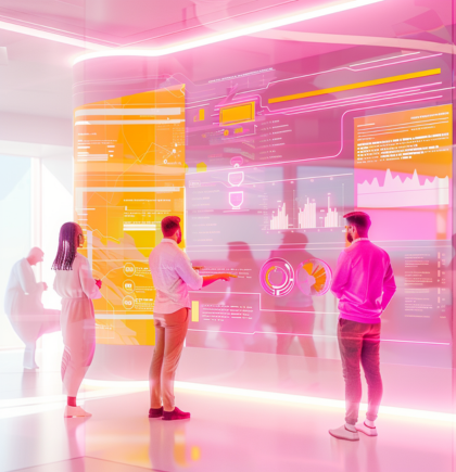Mehrere Personen analysieren gemeinsam visuelle Daten auf einer transparenten, großflächigen Interface-Wand in leuchtenden Farben. Steht für kollaborative Datennutzung und digitale Empowerment-Prozesse.