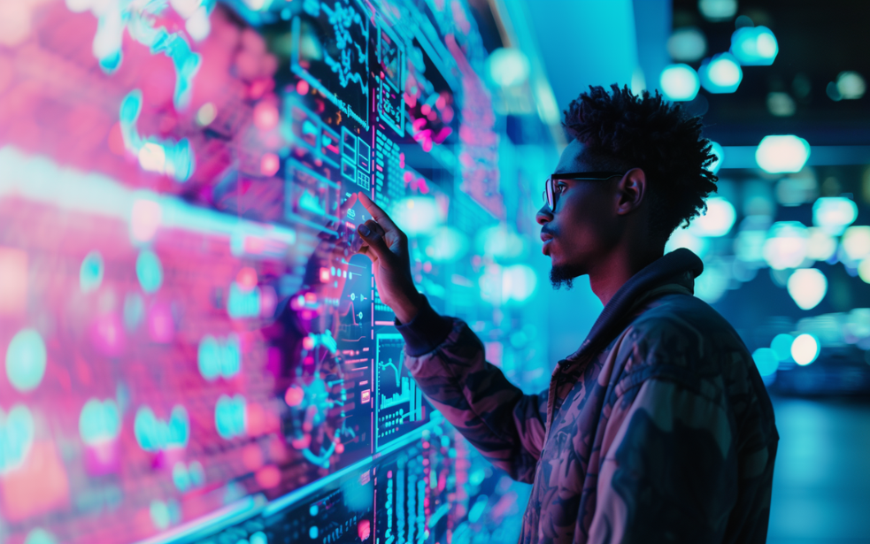 Person mit Brille bedient ein interaktives, leuchtendes Dashboard mit Datenvisualisierungen in Blau- und Pinktönen. Steht für datengetriebene Entscheidungen und moderne User Interfaces.
