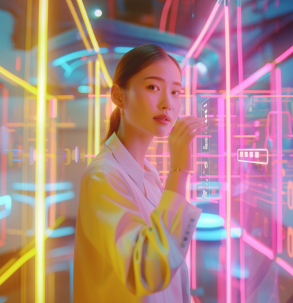 Junge Person in gelber Bluse interagiert mit einem komplexen, holografischen Dateninterface in leuchtendem Blau und Pink. Symbolisiert digitale Analyse, Innovation und Empowerment.
