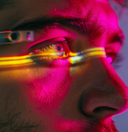 Nahaufnahme eines Gesichts mit futuristischer AR-Brille, durch das ein gelber Lichtstrahl verläuft. Das Auge ist stark fokussiert, umgeben von pinken Lichtreflexionen. Symbolisiert Augmented Reality, Zukunftstechnologie und digitale Wahrnehmung.