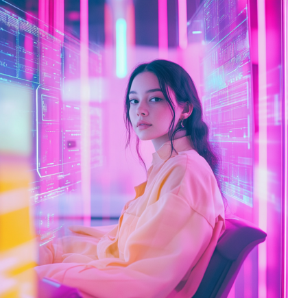 Frau vor digitalen Screens – moderne PIM Agentur mit Fokus auf Datenmanagement