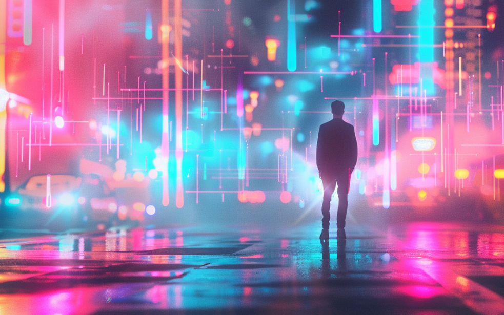 AddOn Technologien für die digitale Transformation Person steht in virtueller Datenwelt – Symbolbild für AddOn Technologien im digitalen Business
