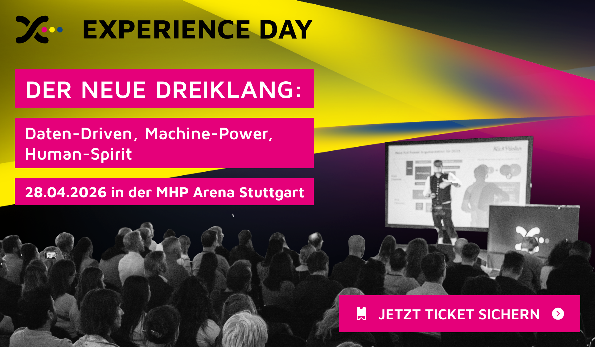 Teaser Experience Day 2026, Wo Mittelstand Digitalisierung umsetzt mit Daten-Drive, Machine-Power und Human-Spirit am 28.4.2026 in der MHP Arena Stuttgart