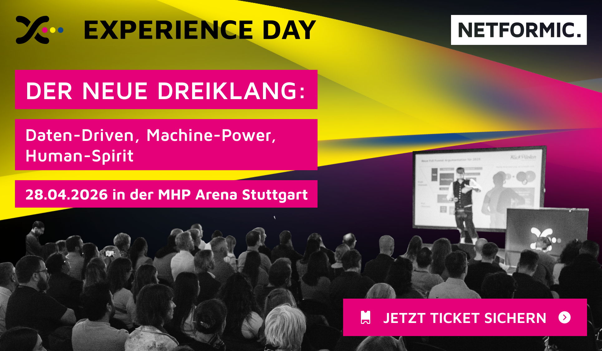 Teaser Experience Day 2026, Wo Mittelstand Digitalisierung umsetzt mit Daten-Drive, Machine-Power und Human-Spirit am 28.4.2026 in der MHP Arena Stuttgart