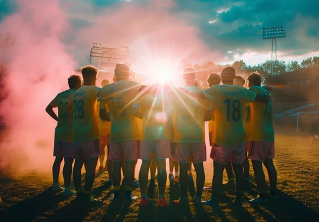 Eine Sportmannschaft steht vereint im Kreis – Symbol für Teamgeist und die zentrale Rolle von Customer Data Plattformen in der kundenzentrierten Digitalisierung des Profisports