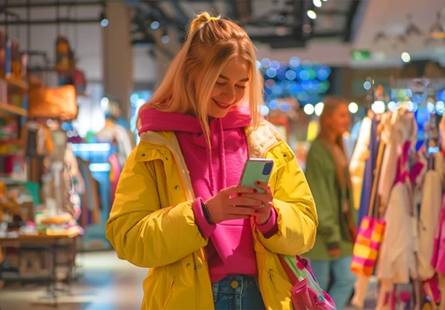A woman stands in a physical retail store, smiling while using her smartphone – symbolizing seamless, digitally enhanced customer and product experience in retail and consumer goods.