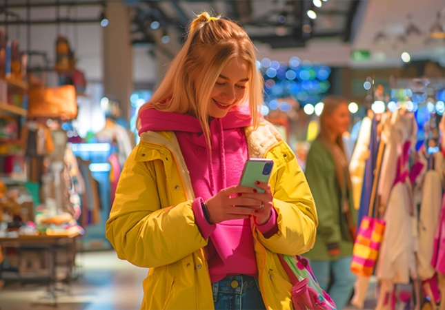 Eine glückliche Kundin im  Shop schaut auf ihr Handy