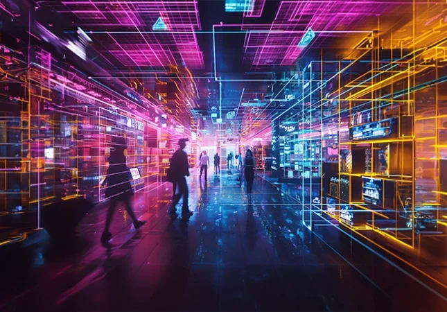 People walk through a brick-and-mortar shopping street surrounded by digital data streams – symbolizing holistic D2C strategies that connect physical and digital worlds