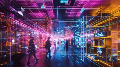 People walk through a brick-and-mortar shopping street surrounded by digital data streams – symbolizing holistic D2C strategies that connect physical and digital worlds