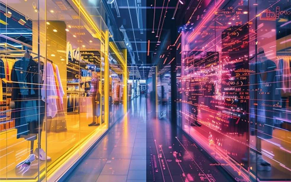Abstrakte Darstellung einer Verschmelzung von stationärem Handel und Online-Verkauf, mit einem Klamottenladen zur linken Seite des Ganges von Mall und dem digitalen Netzwerk zur rechten Seite