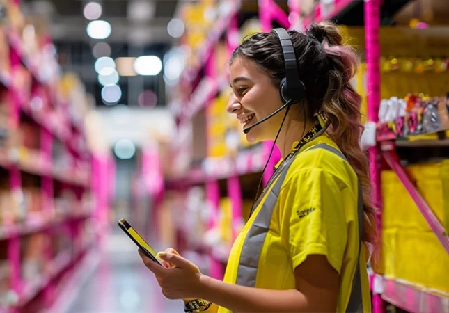 A woman stands in a warehouse of a mechanical engineering company, holding a smartphone and smiling – symbolizing digital customer service and modern B2B communication