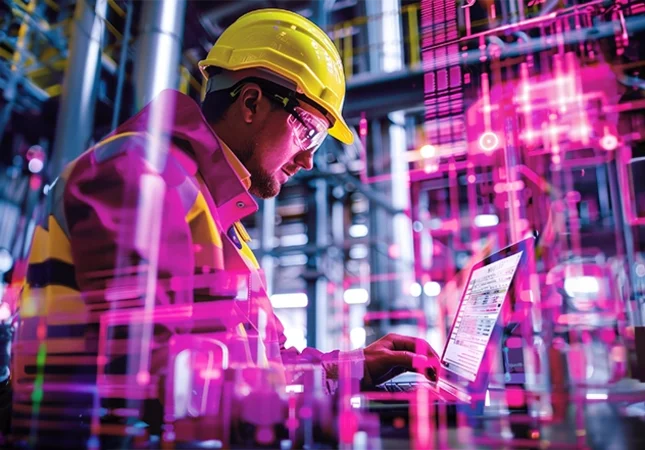 A man sits in a machine hall – symbolizing structured product data maintenance and digital process optimization in an industrial environment