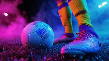A foot touches a soccer ball – symbolizing the digital transformation of professional sports, from data analytics to fan engagement