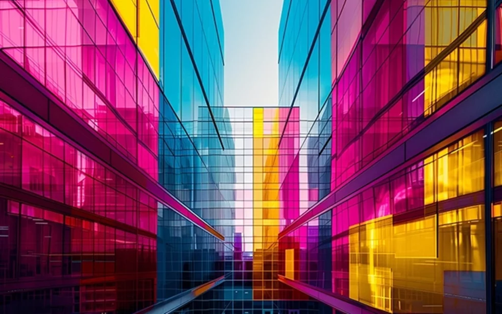 Digitalisierung von Verbundgruppen – gemeinsam wachsen, digital vernetzen Ein moderner verglaster Bürokomplex steht symbolisch für Verbundgruppen – Sinnbild für zentrale Strukturen, starke Gemeinschaften und digitale Transformation im Verbund