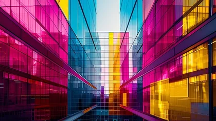 A modern glass office complex symbolizes retail alliances – representing centralized structures, collaborative strength, and digital transformation in networks.