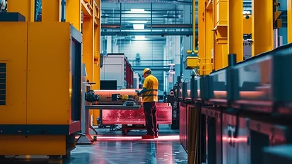 A man stands in an industrial machine hall operating a machine – representing the digital transformation of manufacturing and mechanical engineering processe